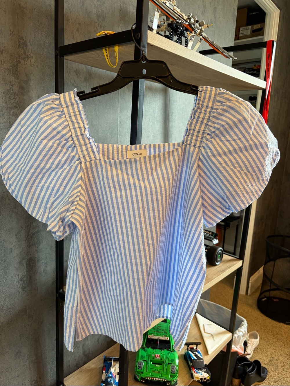 CeCe Blue and White Striped Square-Neck Puff Sleeve Blouse